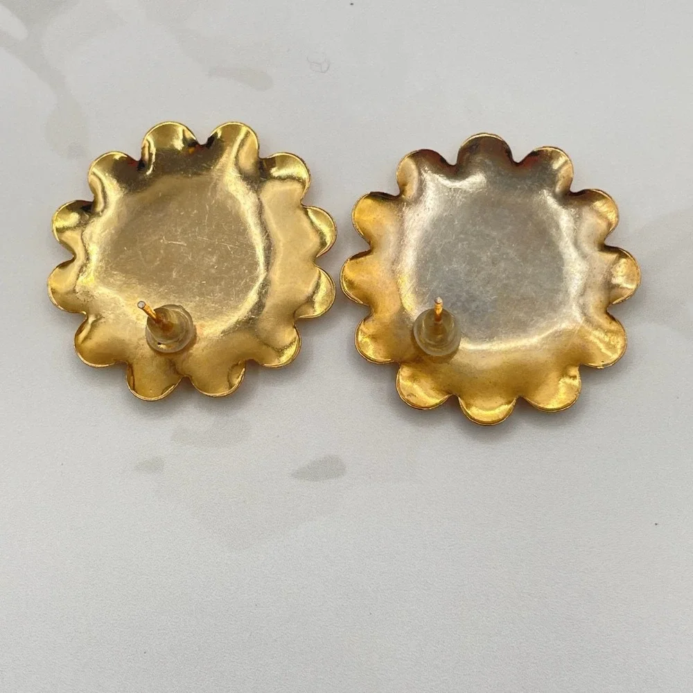 Vintage Gold Tone Stud‎ Earrings Large Flower Bubble Textured Scalloped Boho Y2K
